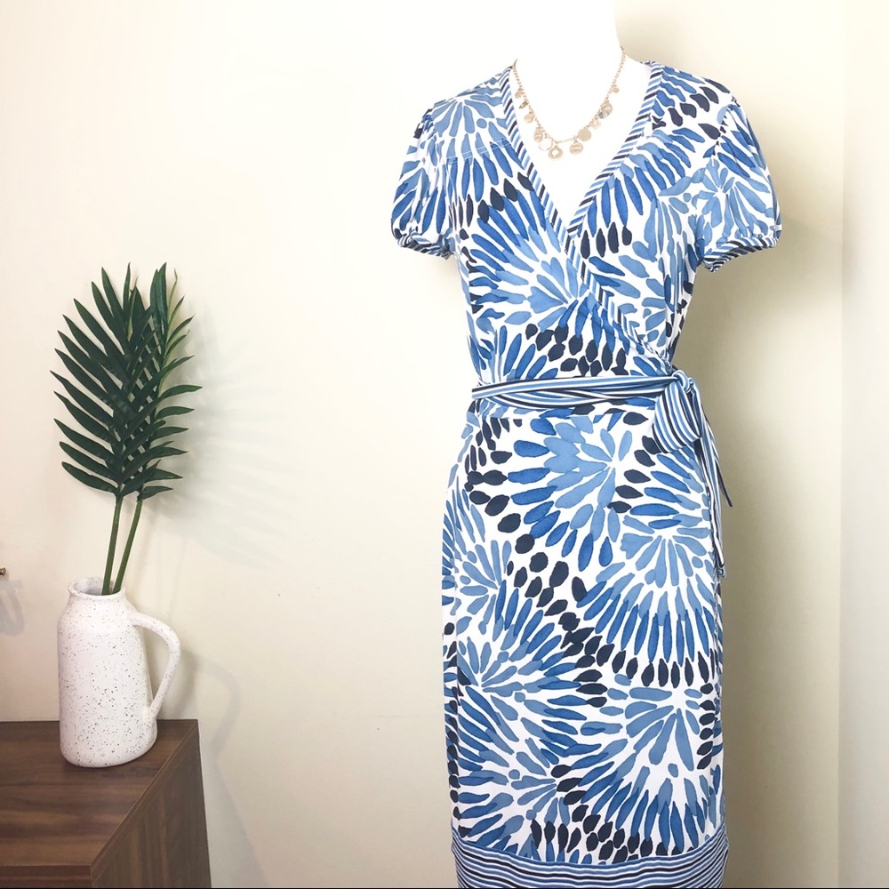 BCBG Blue Floral Wrap Dress with V-Neck